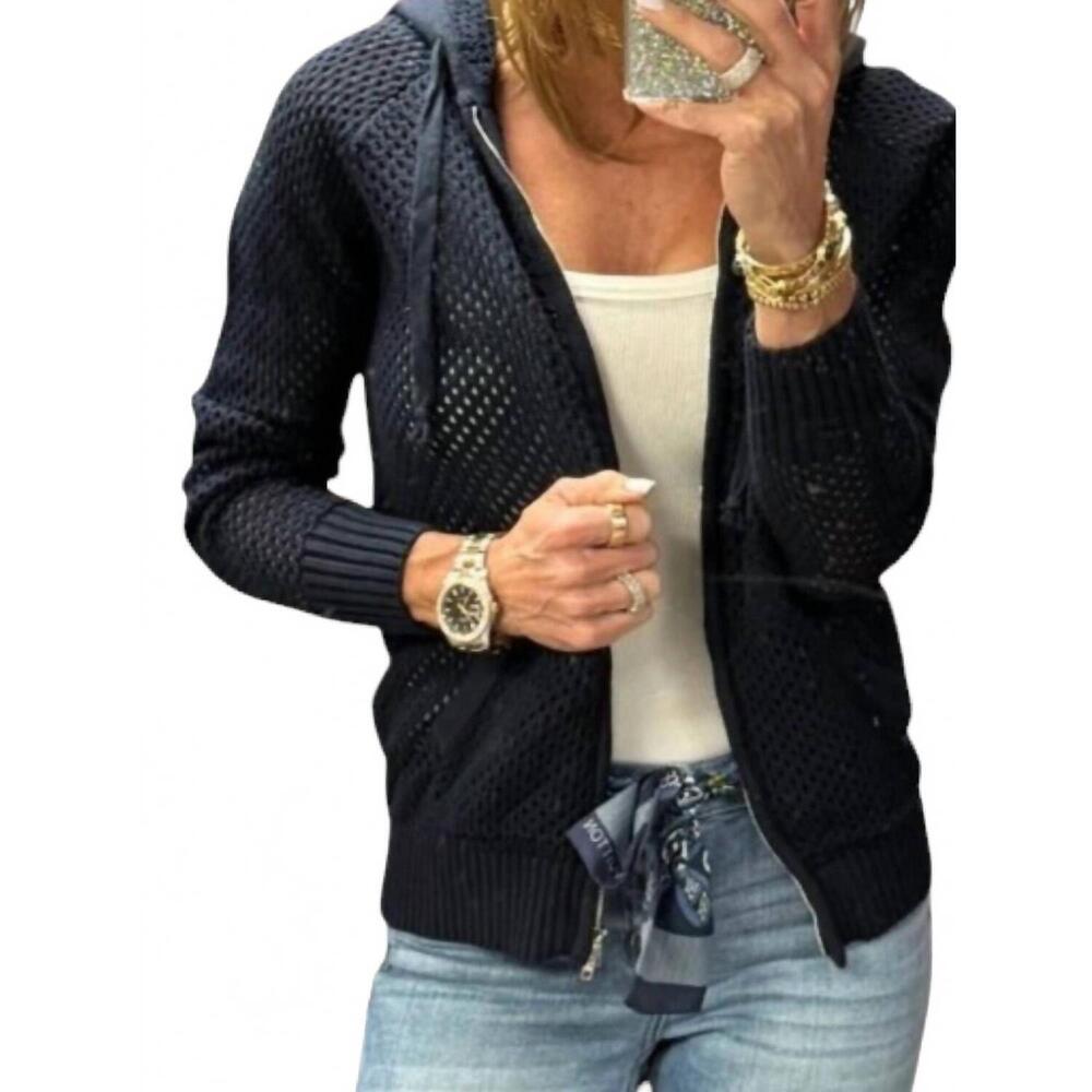 NEW JUST MADISON madz crochet zip hoodie sweater in navy